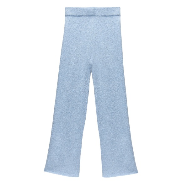 ZARA Wool High Waisted Wide Leg Textured Knit Pull On Trouser Lounge Pants Blue - Picture 6 of 16